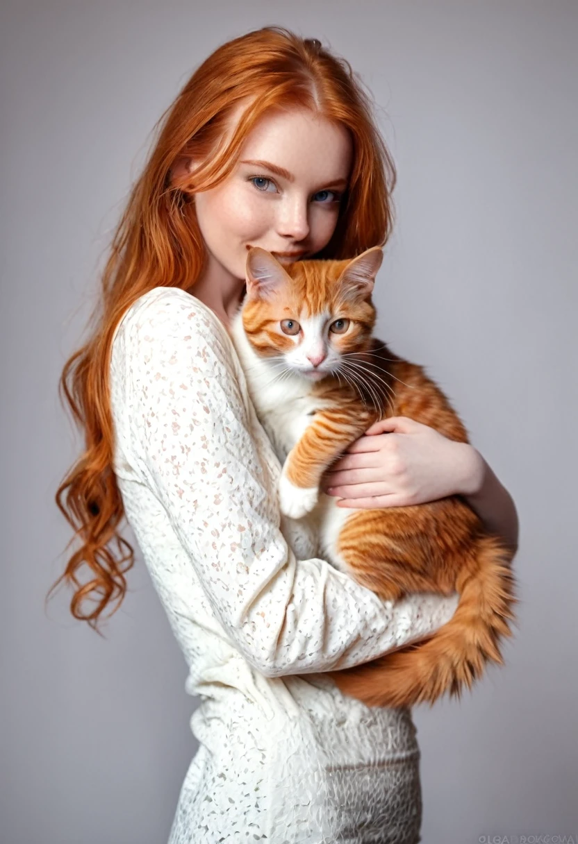 there is a woman holding a cat in her arms, beautiful young catgirl, ginger hair and fur, she is holding a cat in her arms, ginger cat, redhead girl, woman and cat, woman / cat hybrid, flowing ginger hair, very beautiful cute catgirl, attractive cat girl, redhead woman, ginger hair, by Olga Rozanova, cute young redhead girl