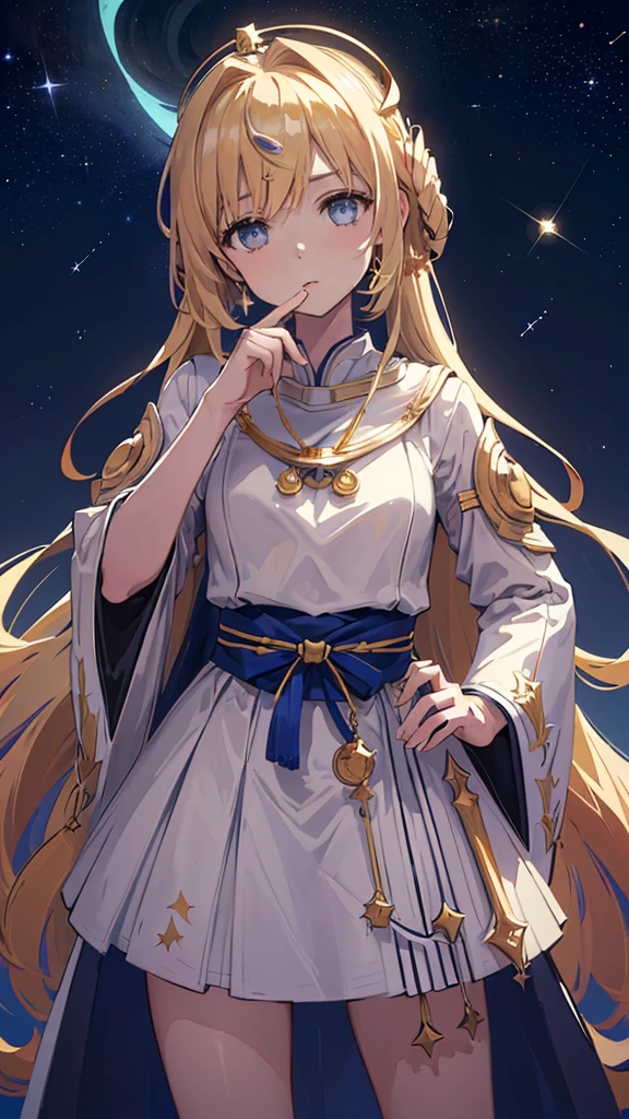 ((((Celestial navigator Stellara Starweaver))), 1girl, thoughtful, standing, (((astronomical glasses, star map))), face, serious, focused, (hands on hips), ((astronomical journal))), pale skin, ((stellar blue eyes)), long hair, ((astronomical crown))), pale blue dress, ((stellar stars))), ((starry background)), (wide shot), facing viewer, ((outdoors, night, moon))), ((moon phase: quarter moon)), (wide shot), looking up, ((head tilted))), contemplating, ((hands clasped behind back)), ((stellar necklace))), ((starry night sky))), (((high contrast)), (defined subject)), 25 years old, ((wise and thoughtful)), (((high contrast))),BREAK,((best graphics model)),((Bright balance and soft ratio)), ((moderate dark balance)),((dark area 30%)),((((contrast 10%)), BREAK,((ratio sun beam 60%)),((Sky light 10%)),BREAK,((of the highest quality, 8K,Raw photo)),Japanese style colors, Soft-beam light, afternoon light,BREAK,((Fixed Finger, Hand))