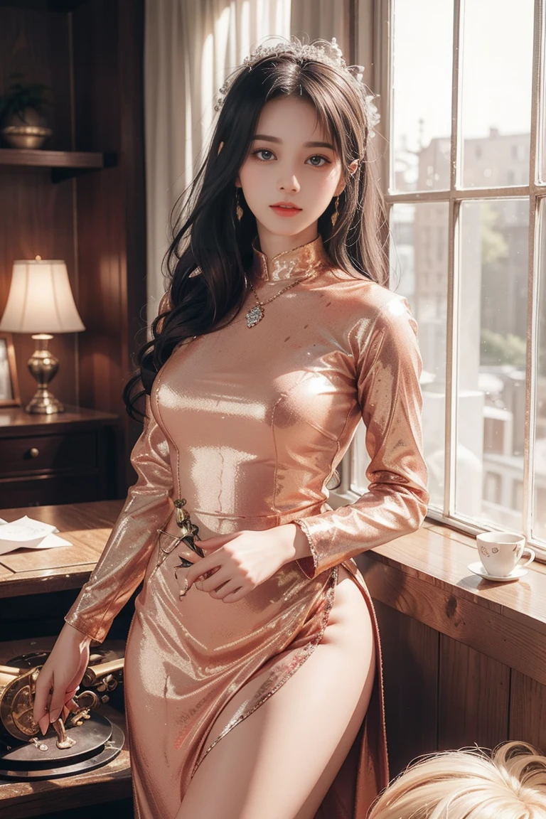 Top quality work，Photorealistic works，Ultra Premium Graphics，8K HD CG works，High-quality graphics，High-definition fine CG works，10x pixel，Ultra-fine details：1.1，Advanced technical details：1.1Photographically realistic，Indoor lighting effects：1.5，Natural light：1.5. light effect（Virtual Light Effects：1.8），超A high resolution，shiny dress，Long silver hair，Silver hair，Transparent hair，High Detail Hair（Premium Hair Detail：1.1）Clear eyes，Good looking double eyelids，Sharp eye makeup, Delicate makeup for eyelashes, Thin eyebrows, ultradetailed eyes，High Nose, lovely red lips, Rose cheeks, Face with delicate makeup , Pretty Face, A perfectly proportioned face,（Advanced facial details：1.1）Collection of shiny luxury dresses，Sequin Dresses，Sequin coat，shiny，Tight long skirt，Summer Sexy Hip Wrap Fishtail Sleeveless Commuter Maxi，Horse Stockings 100%Oil Gloss Panst Gloss Silk Luster 8D Black Silk Woman，stiletto heelitts，Beautiful long dresses，wonderful dress，Haute Couture Dresses Collection，Dress Photography，Authentic dress works，In the banquet hall，Women's Artwork，full-body view，Goddess of Dress，Reality，amazing，Today's eyes are bright