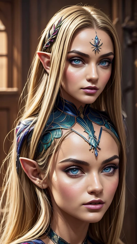 (((masterpiece))), best quality, hyper detailed gouache style painting portrait of a group of beautiful female elves, smooth shadows, hyper realistic textures, 8k, best quality, realistic cartoony features, stylized illustration, smooth shadows, correct anathomy, chromatic aberration, neon highlights, global warm lights, dynamic poses, expressive facial expressions