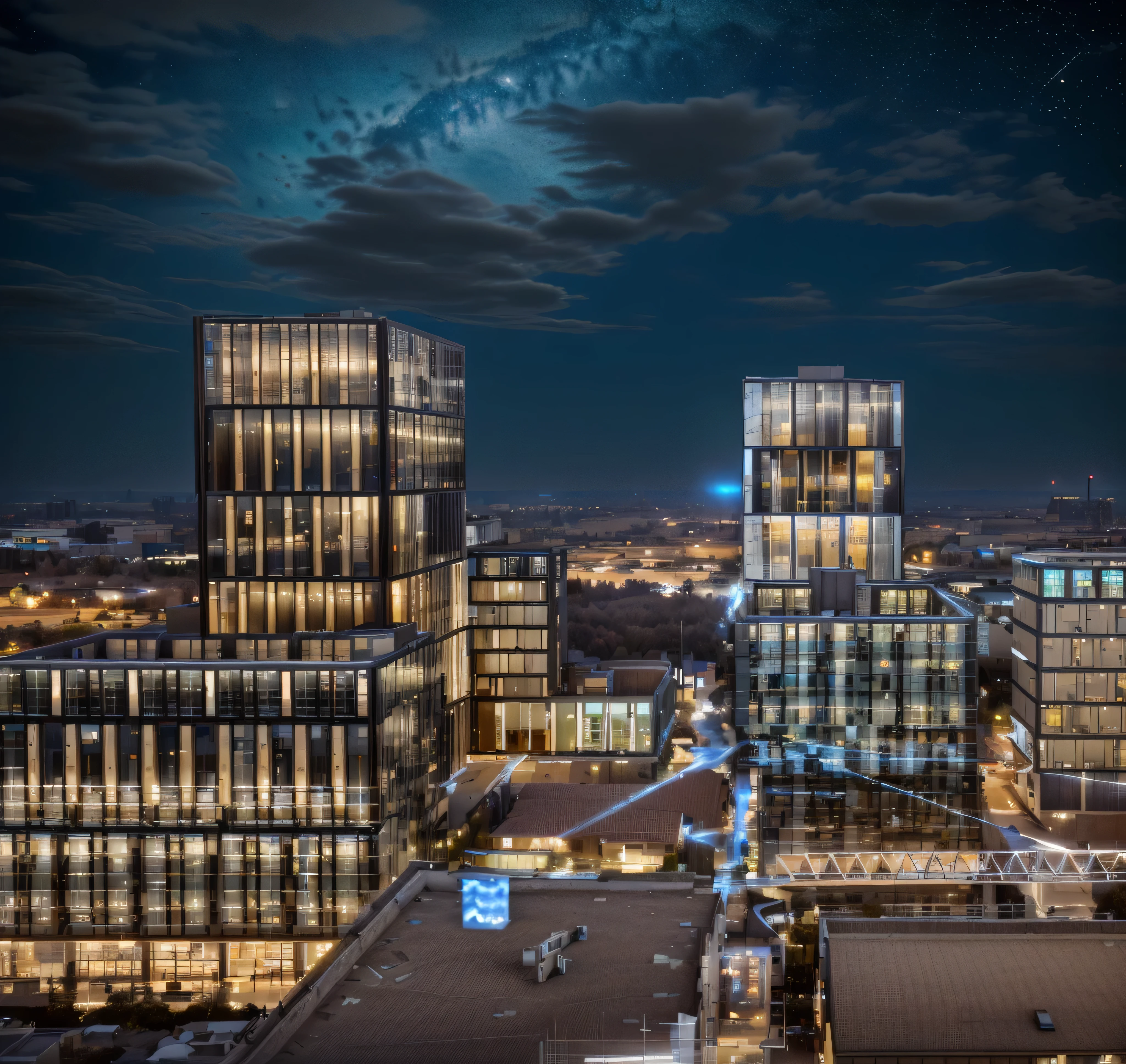 The sky is dotted with stars at night,CityArchitecture, Wide field of view, High-rise office building, Office lighting, Vision, The above points, baotou china, Hybrid development, City, Lighting up distant buildings, High field of view, High-rise buildings,masterpiece,High Detail,HD resolution,8K