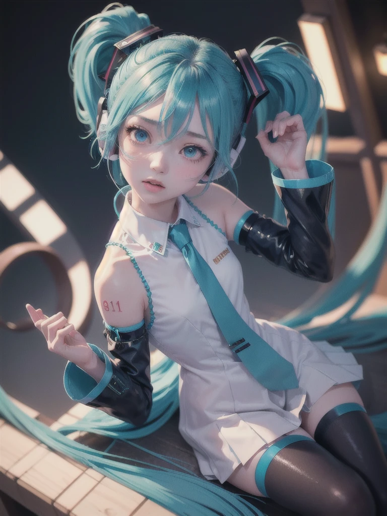 (real, 8k, masterpiece, top quality, best quality, beautiful and aesthetic:1.2, professional illustrasion:1.1 ,ultra detail:1.3 , perfect lighting), highly detailed ,
 hatsunemikuf, earphone  1girl, ripe, intricate details, blush
 Loraeyes