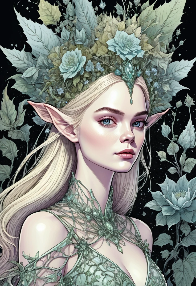 A gorgeous and beautiful elf queen, evening dress, Fractal Magic, Illustrations in the style of Travis Charest, Ink Line Drawing, poster, Elle Fanning (Elle Fanning) model, CG Society, Fantasy Art, detailed illustration, mystery, Botanical masterpiece, detailed, Surrealism, Elements of Symbolism and Surrealism, Complex design, Intertwined, Flowers, Pastel.