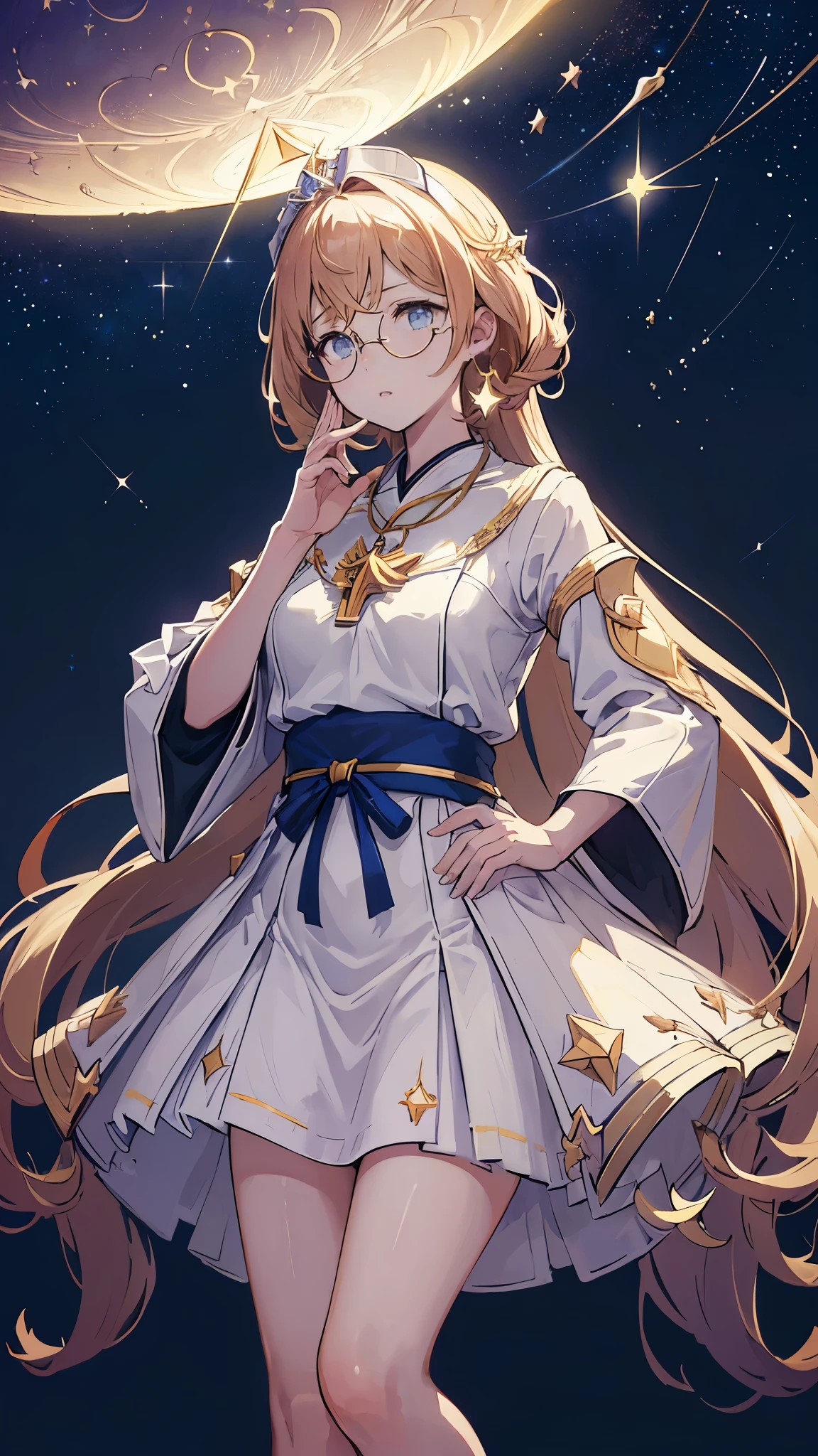 ((((Celestial navigator Stellara Starweaver))), 1girl, thoughtful, standing, (((astronomical glasses, star map))), face, serious, focused, (hands on hips), ((astronomical journal))), pale skin, ((stellar blue eyes)), long hair, ((astronomical crown))), pale blue dress, ((stellar stars))), ((starry background)), (wide shot), facing viewer, ((outdoors, night, moon))), ((moon phase: quarter moon)), (wide shot), looking up, ((head tilted))), contemplating, ((hands clasped behind back)), ((stellar necklace))), ((starry night sky))), (((high contrast)), (defined subject)), 25 years old, ((wise and thoughtful)), (((high contrast))),BREAK,((best graphics model)),((Bright balance and soft ratio)), ((moderate dark balance)),((dark area 30%)),((((contrast 10%)), BREAK,((ratio sun beam 60%)),((Sky light 10%)),BREAK,((of the highest quality, 8K,Raw photo)),Japanese style colors, Soft-beam light, afternoon light,BREAK,((Fixed Finger, Hand))