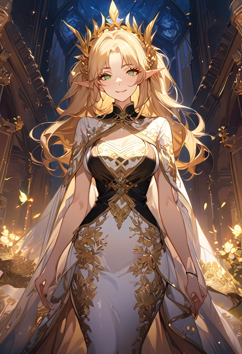 masterpiece, best quality, 8k ,4k , 1girl, elf queen, blond reddish hair, green eyes, big , gold wreath crown, hair ornament, finely detailed eyes and detailed face, looking at viewer, white sleeveless, Lace dress, patterned clothes, gold embroidery clothes, meticulous clothes, mature clothes, transparent cape with lace, majestic looks, smiling gently, small bird, full body, inspired by Asukaziye artist : ask, art style : ask