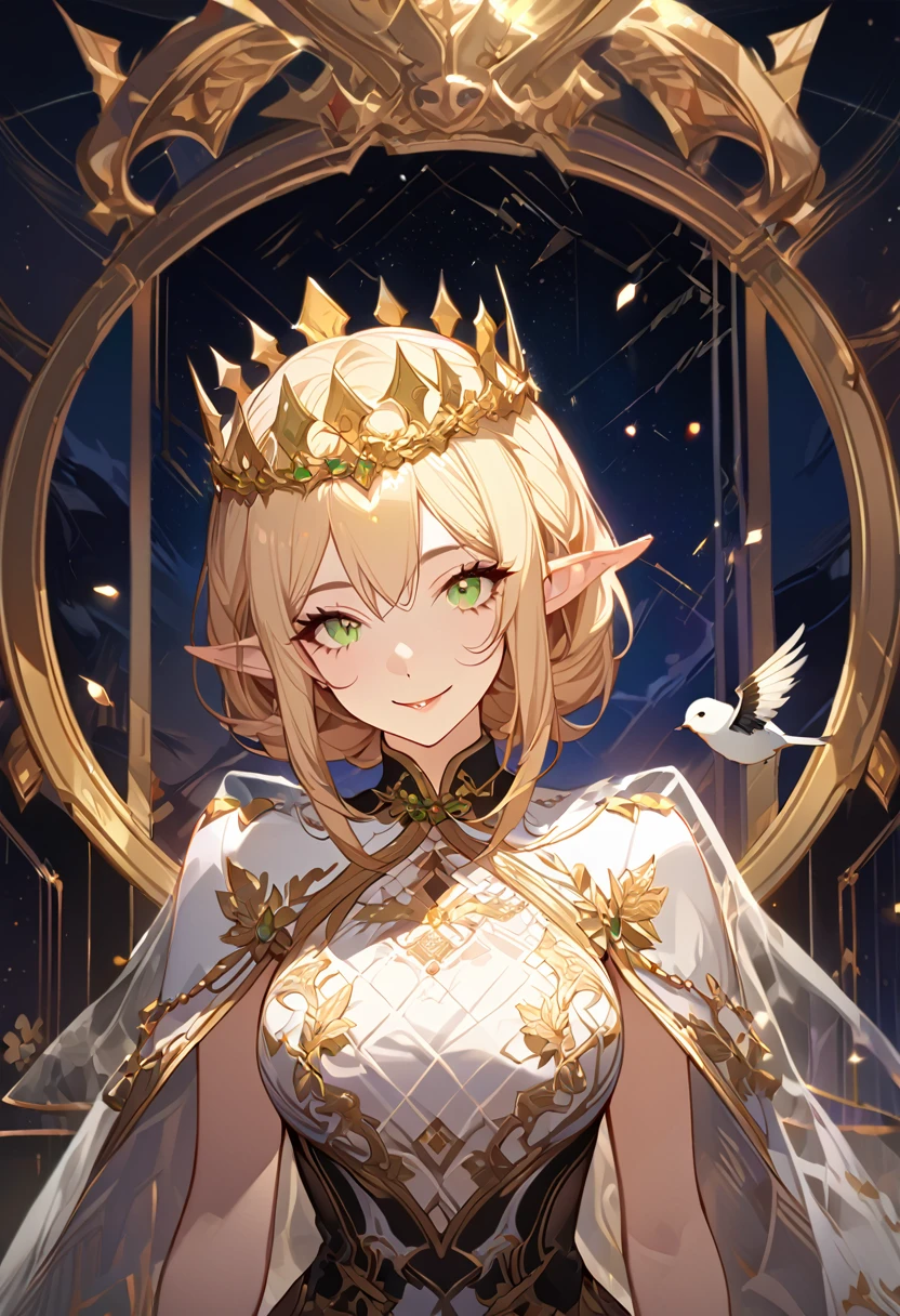 masterpiece, best quality, 8k ,4k , 1girl, elf queen, blond reddish hair, green eyes, big , gold wreath crown, hair ornament, finely detailed eyes and detailed face, looking at viewer, white sleeveless, Lace dress, patterned clothes, gold embroidery clothes, meticulous clothes, mature clothes, transparent cape with lace, majestic looks, smiling gently, small bird, full body, inspired by Asukaziye artist : ask, art style : ask