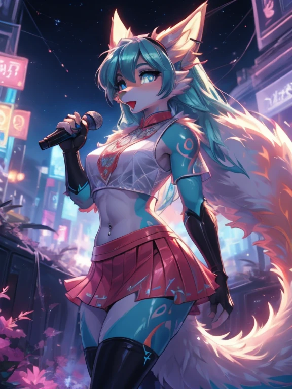 Chica anime,tennage girl 18 years old, anime style, cute hatsune miku x suicune, shy girl , Orejas de Kitsune, arte de dark natasha, city landscape, arte de vixen aztra, cuerpo completo, patas hermosas, cintura delgada, caderas amplias, navel white blouse, white&pink skirt, navel piercing, ear piercing, navel tattoo, atrevid pose, back pose, fluffly tail, sensual eyes (la mejor definicion) long hair, black flash, city party, city night life, party girl, idol girl, girl with microphone singing, deep blue eyes (HD), white&pink dress, super mega star idol, aura pura, silueta de luz, silueta radiante de luz dorada, su cuerpo brilla, best lighting in photography, mermaid mini skirt