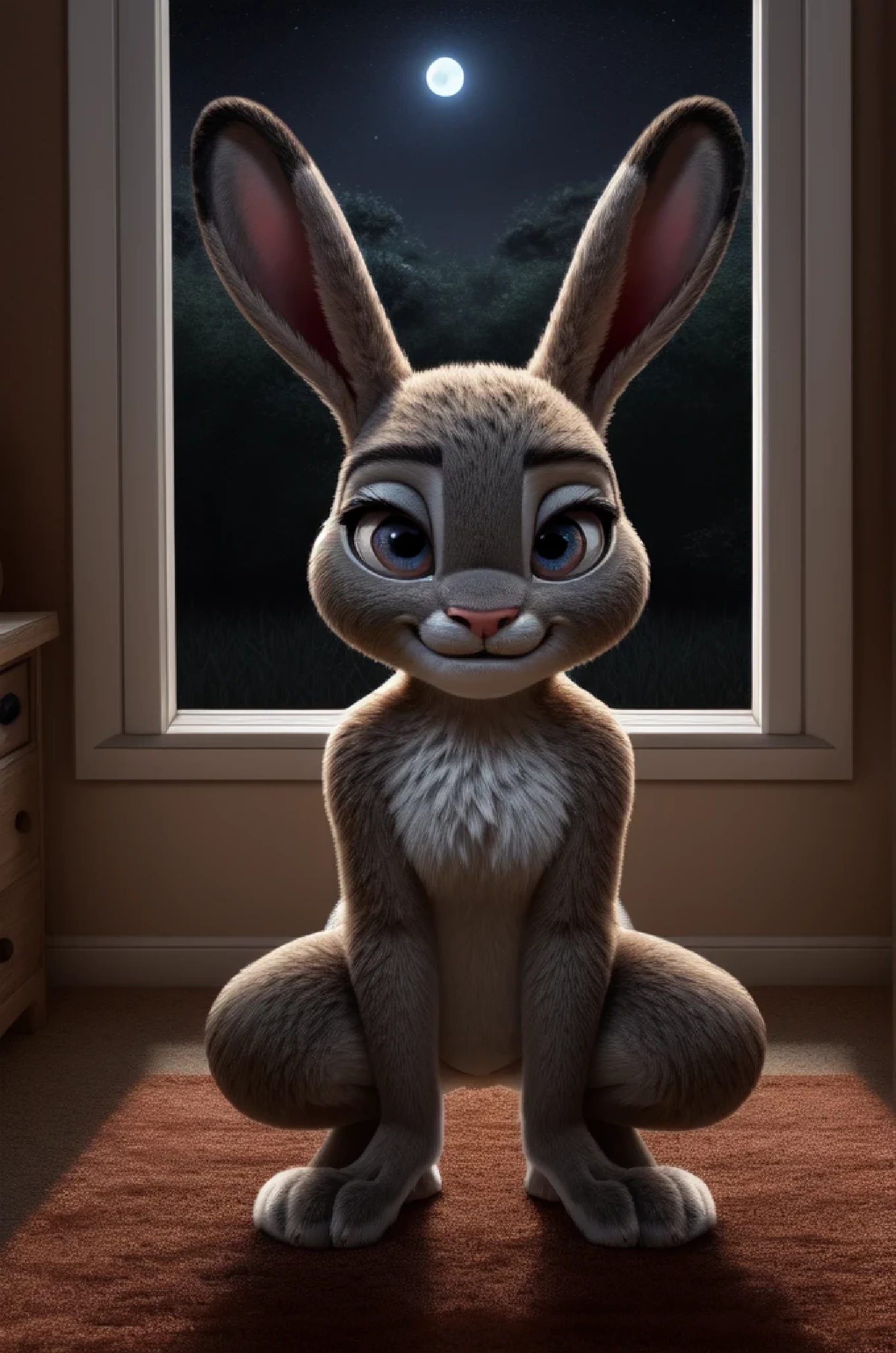 judy hopps, female, young, POV , crouch, lube, at home, toddler girl on the background, watching tv, hands between legs, looking at the viewer, smirk, night, someone peeping behind window, crouch, spread legs