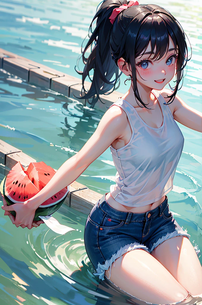 beautiful girl、Black Hair、ponytail、Tank top、Short denim pants、Playing in the river、watermelon、smile、Downward