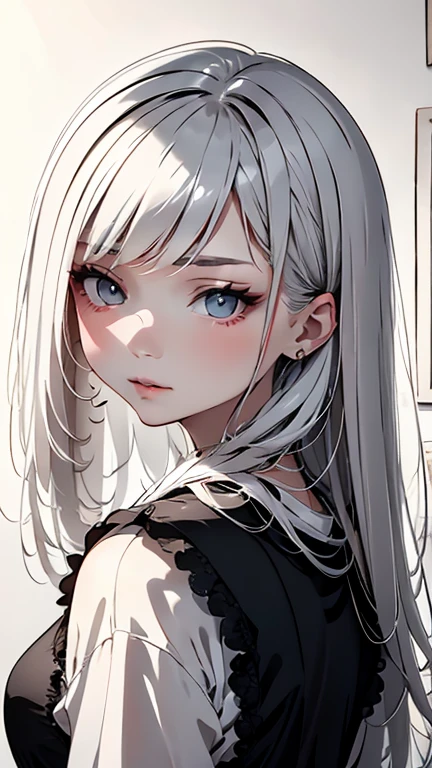 master piece:1.5、(minimal art, line drawing), A Russian girl in her early 20s with ash grey hair、draw a picture with a pencil、Black and white art:1.2、lips are red、Black and white world、silence、An ennui look、Densely drawn