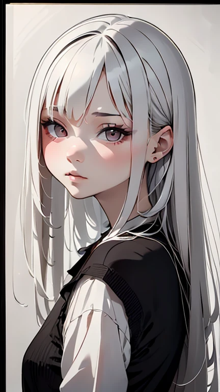 master piece:1.5、(minimal art, line drawing), A Russian girl in her early 20s with ash grey hair、draw a picture with a pencil、Black and white art:1.2、lips are red、Black and white world、silence、An ennui look、Densely drawn