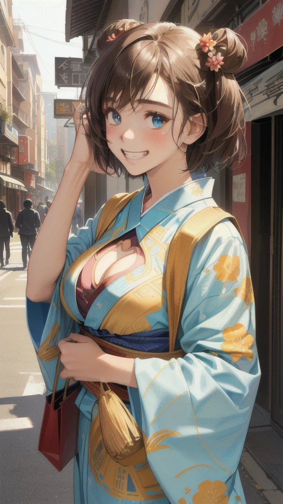 (perfect anatomy:1.2)(absurdres, highres, ultra detailed),masterpiece,best quality,high resolution,8k,Realistic face,Realistic skin texture,magnified textures, stunning clarity,detailed anime girl,(ultra detailed eyes and face),(:1.2),(baby face:1.se girl,floral printed blue yukata,、(very short hair, two side up:1.4)、tareme,light brown hair:1.2,kanzashi、glamor、short stature、(grin:1.4)、(bust up:1.4),Steampunk in the Edo Period、(Vivid hieroglyph signs and street advertisements:1.2)、busy、(worried:1.4),autumn、hieroglyph,souk、Shopping Street、Ancient Egyptian statues,reaching out,(tanned skin:1.3 ),big breasts,look up viewer,round face,Shoulder Bare,(from front:1.2),(cleavage cutout:1.4),