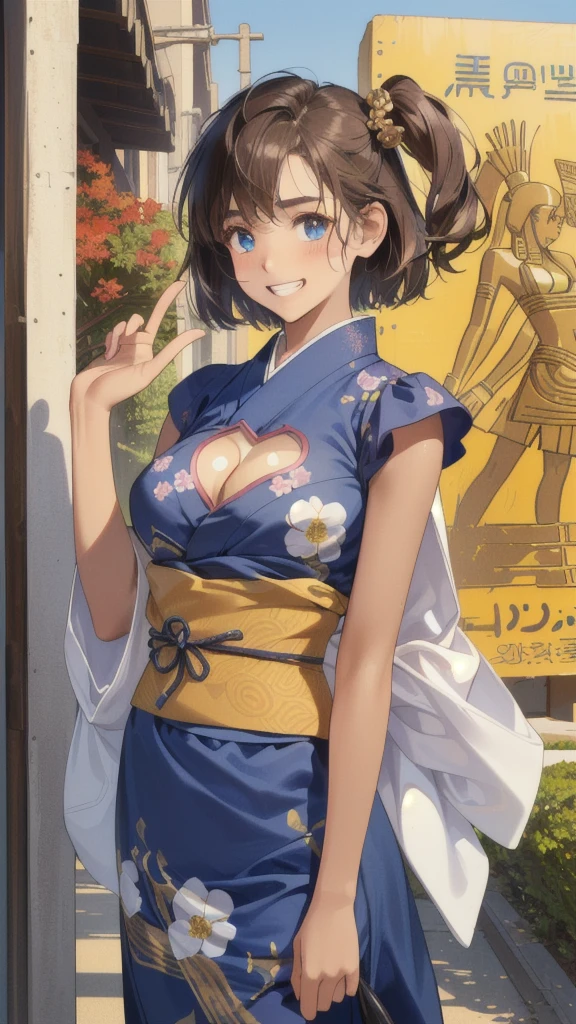 (perfect anatomy:1.2)(absurdres, highres, ultra detailed),masterpiece,best quality,high resolution,8k,Realistic face,Realistic skin texture,magnified textures, stunning clarity,detailed anime girl,(ultra detailed eyes and face),(:1.2),(baby face:1.2),japanese girl,floral printed blue yukata,、(very short hair, two side up:1.4)、tareme,light brown hair:1.2,kanzashi、glamor、short stature、(grin:1.4)、(bust up:1.4),Steampunk in the Edo Period、(Vivid hieroglyph signs and street advertisements:1.2)、busy、(worried:1.4),autumn、hieroglyph,souk、Shopping Street、Ancient Egyptian statues,reaching out,(tanned skin:1.3 ),big breasts,look up viewer,round face,Shoulder Bare,(from front:1.2),(cleavage cutout:1.4),