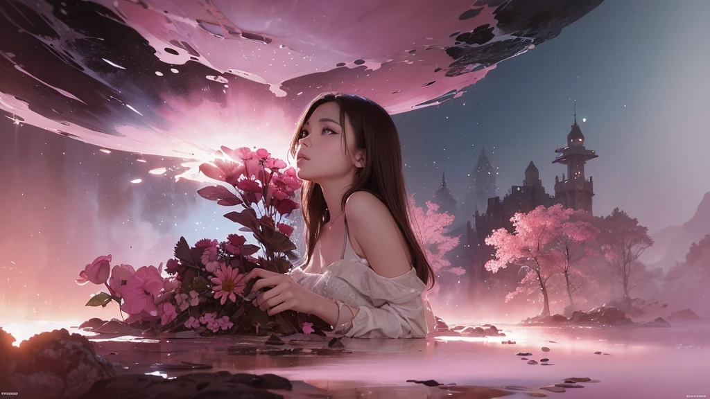 32k, Masterpiece, Highest quality, One girl, Detailed eyes, flower,Sandersonia, Pink and brown style,A dreamy, romantic piece,Pale pink, Mysterious Leaves,A playful arrangement,Fantasy,High Contrast,Ink strokes,explosion,Exposure, Impression of pink and brown tones,Abstract,((Watercolours by John Berkey and Jeremy Mann )) Brush strokes,Negative Space, Tyndall effect,