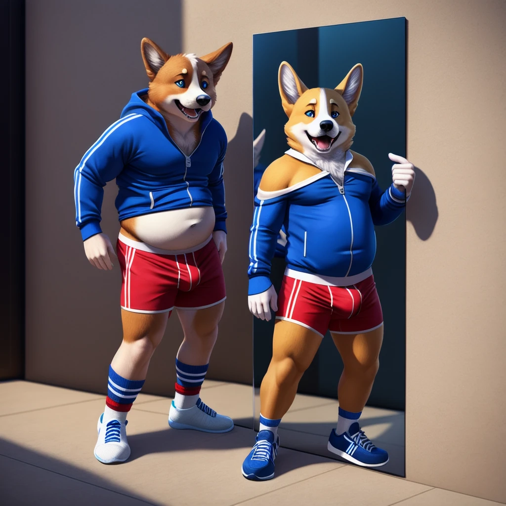 slightly chubby dad male corgi with small human blue eyes, open mouth , wearing a dark blue Adidas tracksuit, no pants white briefs, ankle white socks ,pulling down shirt zip lean on wall , highly detailed, realistic, 4k, best quality, masterpiece, , vivid colors, physically-based rendering, white hands five finger, looking in a mirror