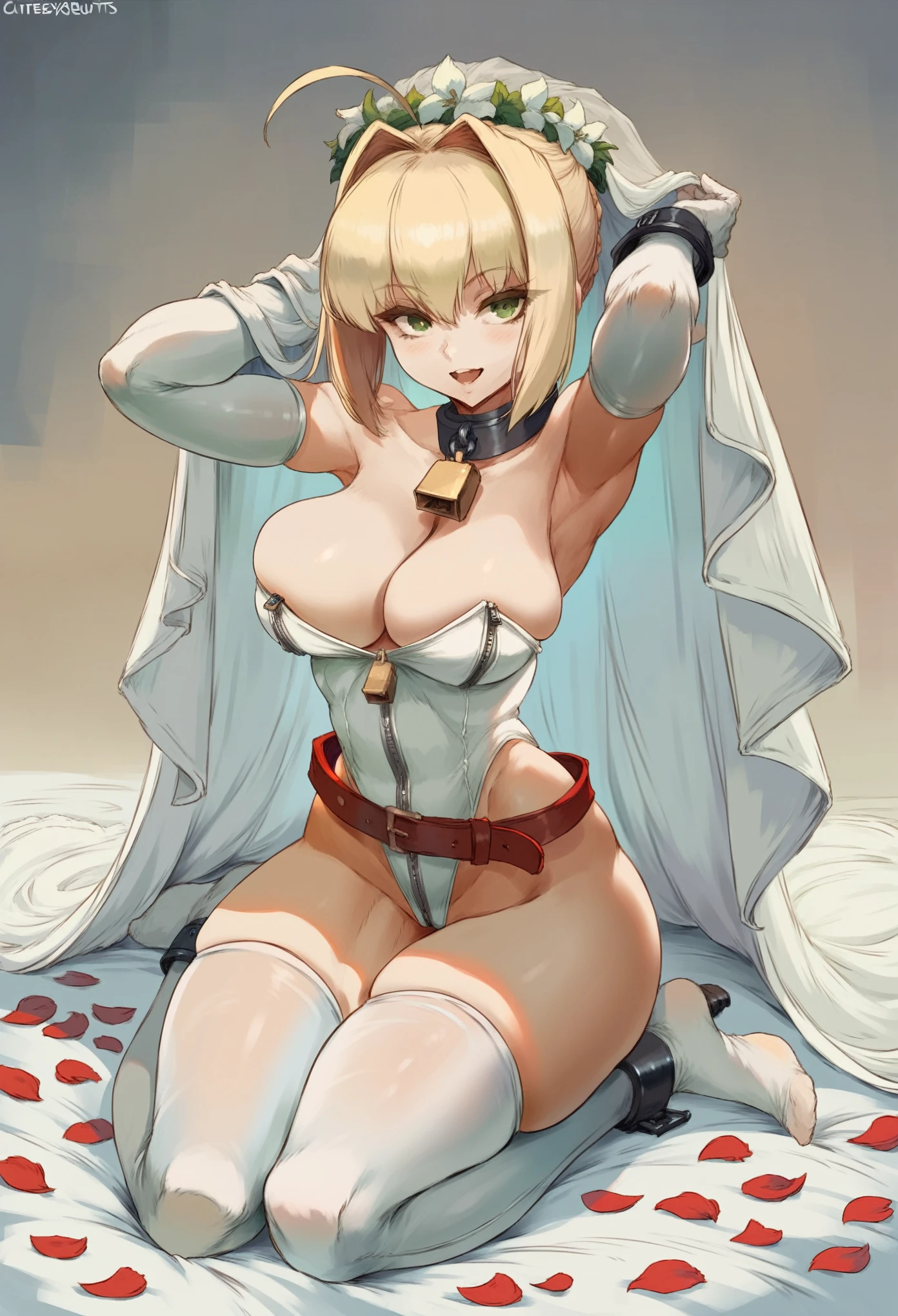 cutesexyrobutts style, 1girl, nero_claudius_(fate), breasts, nero_claudius_(bride)_(fate), blonde_hair, green_eyes, large_breasts, zipper, cleavage, veil, detached_sleeves, lock, solo, ahoge, hair_intakes, leotard, full-length_zipper, looking_at_viewer, bangs, padlock, smile, white_sleeves, belt, chain, white_leotard, open_mouth, thighhighs, gloves, head_wreath, white_gloves, bridal_veil, zipper_pull_tab, bare_shoulders, armpits, detached_collar, petals, flower_wreath, arms_up, thighs, loose_belt, highleg_leotard, blush, wide_sleeves