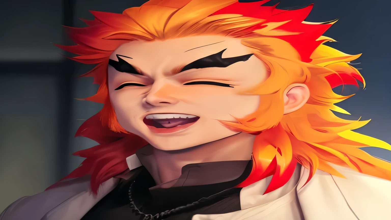 guy, orange and red hair, smiling, close eyes, big eyebrows, black shirt, white coat