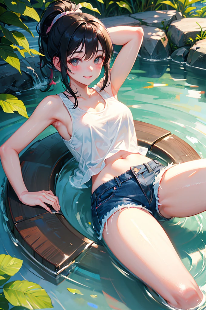 beautiful girl、Black Hair、ponytail、Tank top、Short denim pants、Playing in the river、watermelon、smile、Downward、Beautiful breasts