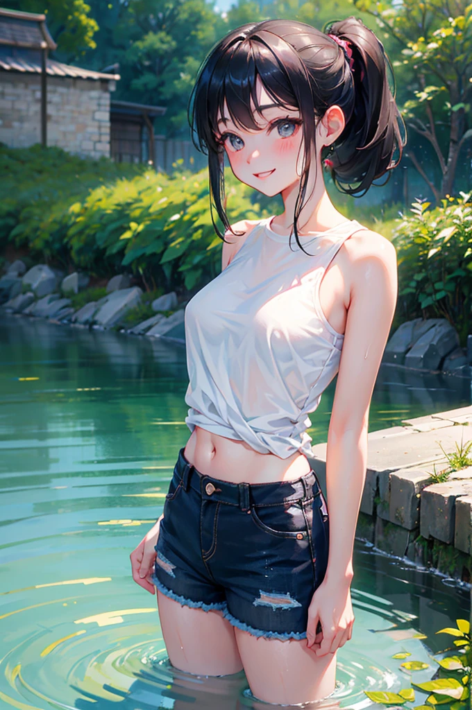 beautiful girl、Black Hair、ponytail、Tank top、Short denim pants、Playing in the river、watermelon、smile、Downward、Beautiful breasts