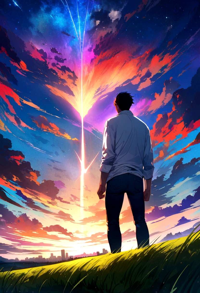 Vast sky, Beautiful skyline, Large grasslands, Extremely tense and dramatic scenes, Mobile visuals, High Polaris, Colorful natural glare. Rear view of man wearing long-sleeved white shirt and jeans