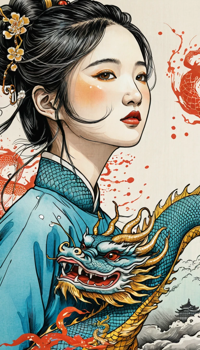 {{{{{illustration}}}}},author:Yuko Shimizu,1 Girl,Chinese dragon,Chinese Girl,female focus on, {{Color ink painting}},{{Ink splash}},{{Splash of Color}},{{{rich and colorful}}},{{sketch}}, masterpiece,best quality, Beautifully painted,Very detailed,