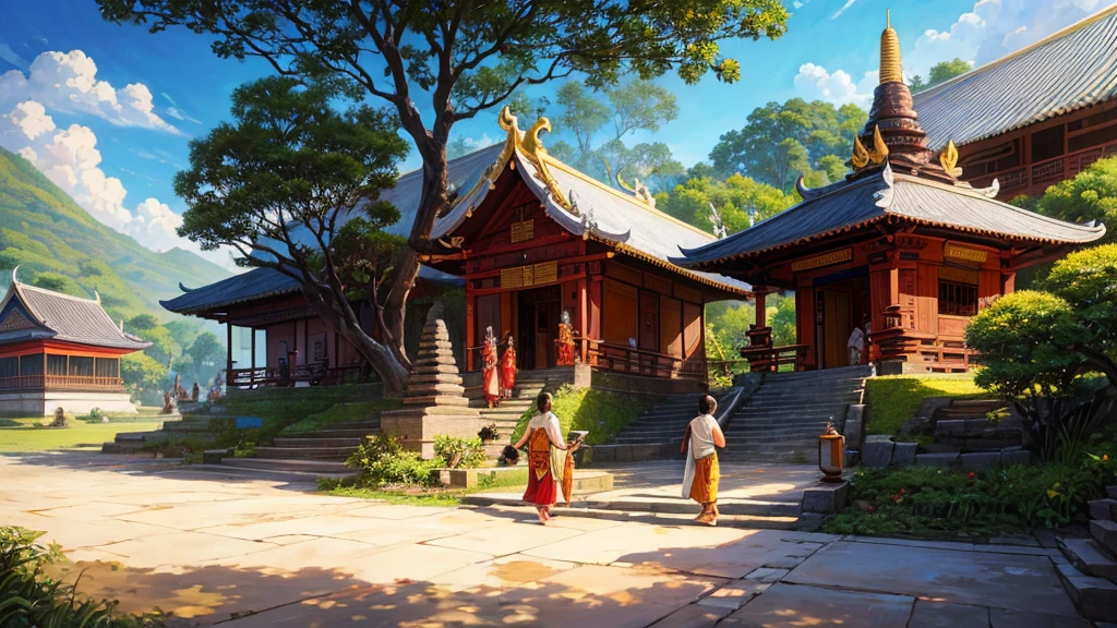 painting of a village with people walking down a path, bali, traditional art, by I Ketut Soki, inspired by I Ketut Soki, in a temple, vietnamese temple scene, beautiful depiction, temple fair, temple background, thailand art, very detailed painting, traditional painting, very detailed oil painting, incredible painting, by Sasha Putrya