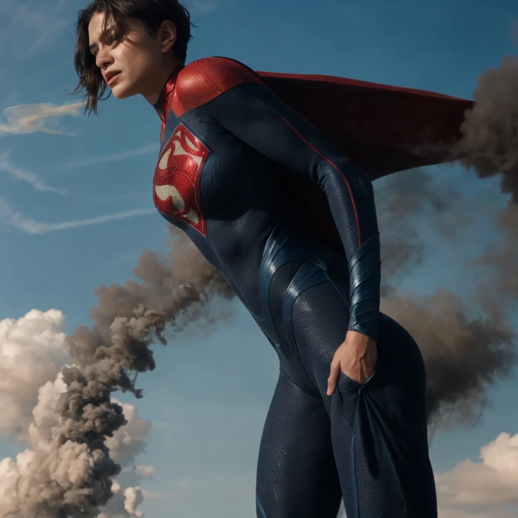 portrait, 1 bustygirl, short hair, wide hips, protruding butt,superhero, red cape, bodysuit, wind, sky, smoke, hand on waist, soft colors, masterpiece, high quality, (high detailed skin:1.1)
5up3r