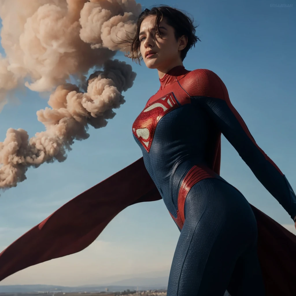 portrait, 1 bustygirl, short hair, wide hips, protruding butt,superhero, red cape, bodysuit, wind, sky, smoke, hand on waist, soft colors, masterpiece, high quality, (high detailed skin:1.1)
 5up3r