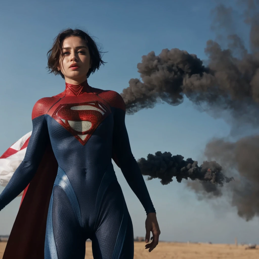 portrait, 1 bustygirl, short hair, wide hips, protruding butt,superhero, red cape, bodysuit, wind, sky, smoke, hand on waist, soft colors, masterpiece, high quality, (high detailed skin:1.1)
5up3r