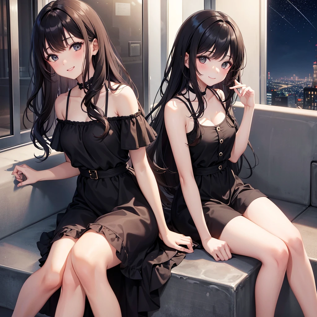 Girl with caramel skin and dark hair thats wavy  sitting down by window in the city under the stars smiling with a black dress on