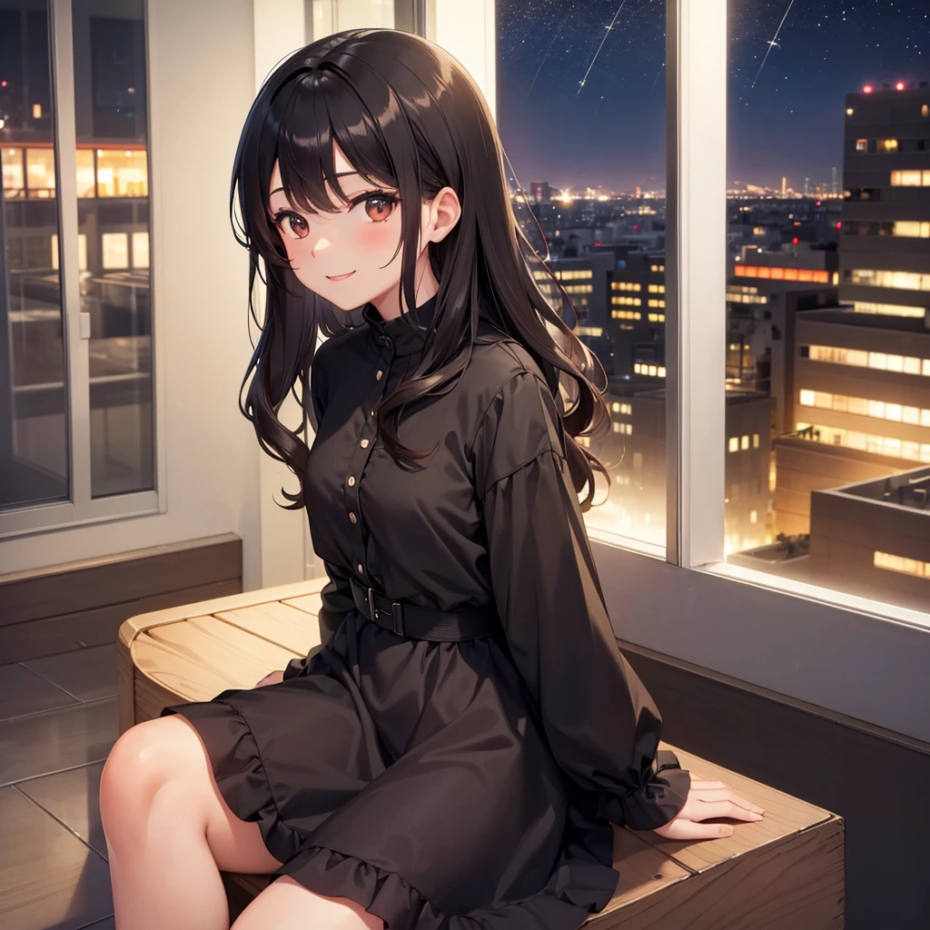 Girl with caramel skin and dark hair thats wavy  sitting down by window in the city under the stars smiling with a black dress on