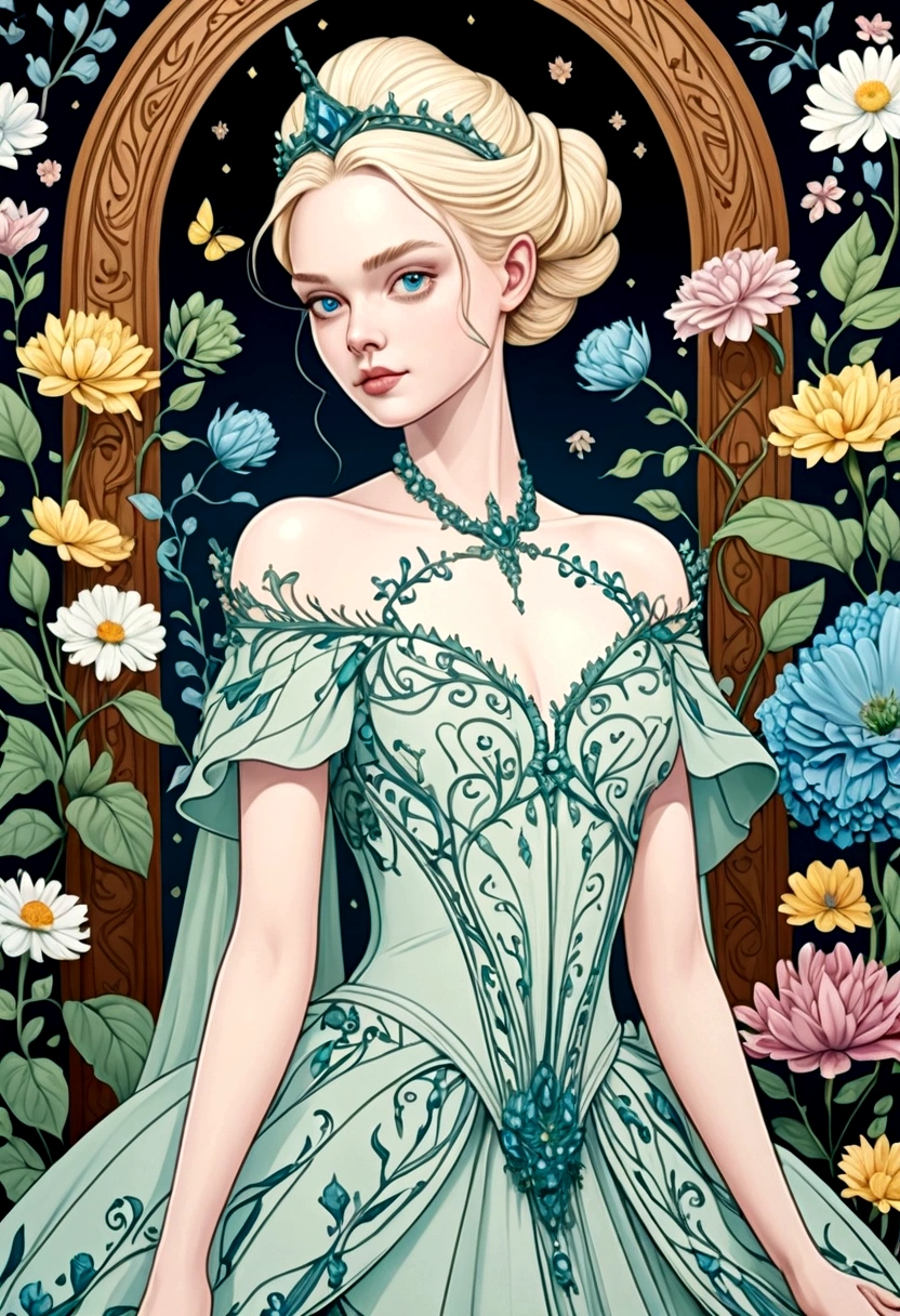 A gorgeous and beautiful elf queen, evening dress, Fractal Magic, Illustrations in the style of Travis Charest, Ink Line Drawing, poster, Elle Fanning (Elle Fanning) model, CG Society, Fantasy Art, detailed illustration, mystery, Botanical masterpiece, detailed, Surrealism, Elements of Symbolism and Surrealism, Complex design, Intertwined, Flowers, Pastel.