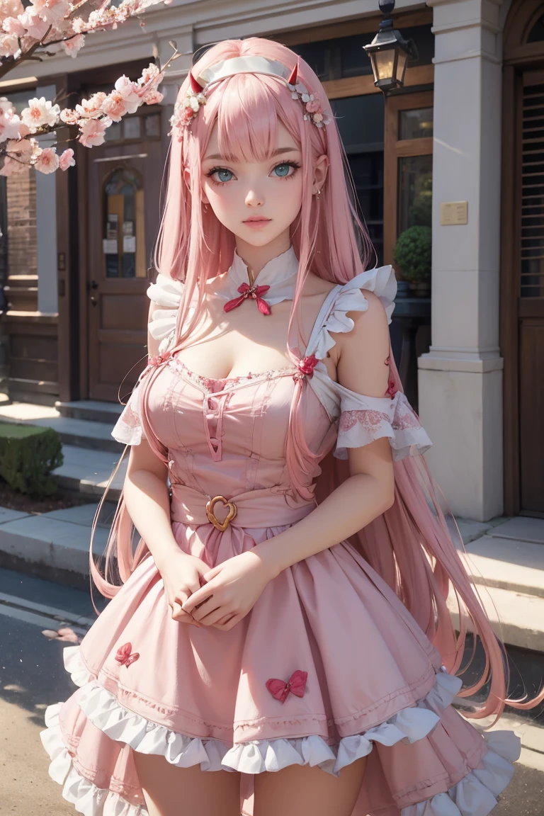 Zero Two, long hair, pink hair, red horns, long flowing hair, floating hair, ornament hair, perfectly body, perfectly hands, dark pink rose on hair, maid, maid dress, maid headdress, maid apron, white apron, on street, petals in the air, blossom peach tree, centered girl, maid dress, red dress, more details on her clothes, dress with transparency, golden details, daylight, smiling, cape, ((4k, masterpiece, top-quality)),8k, best quality, high resolution, HD, (illustration:0.8), super cute girl, delicate and beautiful face, 1girl, solo, mature girl, super cute hairstyle, (beautiful detailed eyes:1.6), extremely detailed face, perfect lighting, extremely detailed CG, (perfect hands, perfect anatomy), Best quality, cleavage, small skirt, full Body,