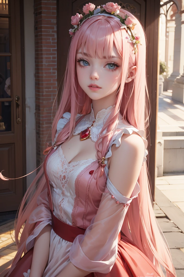 Zero Two, long hair, pink hair, red horns, long flowing hair, floating hair, ornament hair, perfectly body, perfectly hands, dark pink rose on hair, maid, maid dress, maid headdress, maid apron, white apron, on street, petals in the air, blossom peach tree, centered girl, maid dress, red dress, more details on her clothes, dress with transparency, golden details, daylight, smiling, cape, ((4k, masterpiece, top-quality)),8k, best quality, high resolution, HD, (illustration:0.8), super cute girl, delicate and beautiful face, 1girl, solo, mature girl, super cute hairstyle, (beautiful detailed eyes:1.6), extremely detailed face, perfect lighting, extremely detailed CG, (perfect hands, perfect anatomy), Best quality, cleavage, small skirt, full Body,