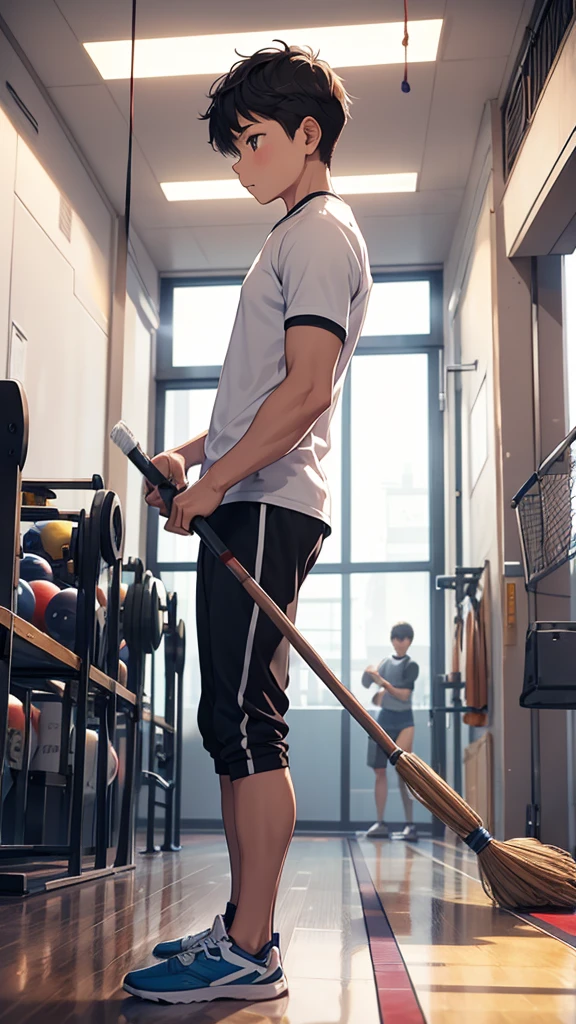 A boy cleaning the gym in gym clothes、Cleaning with a broom、Stand alone