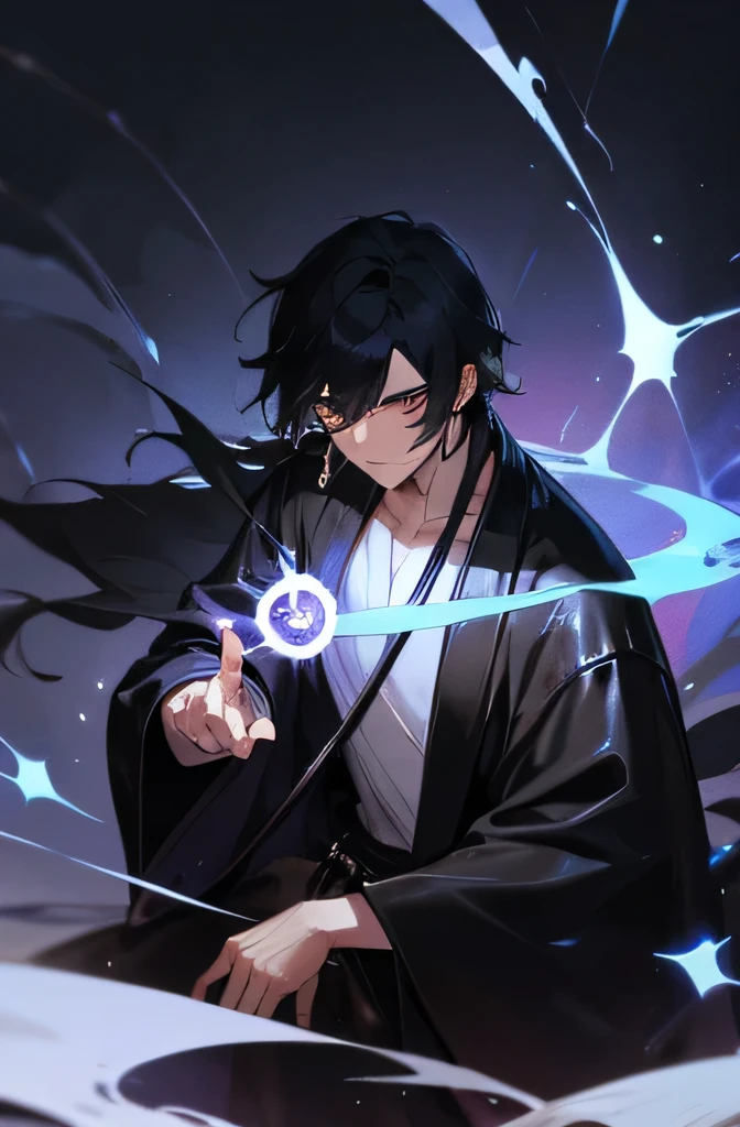 Male, old, person, 5 element magic, great sage, calm, dark, magical world, black hair, leather robe.