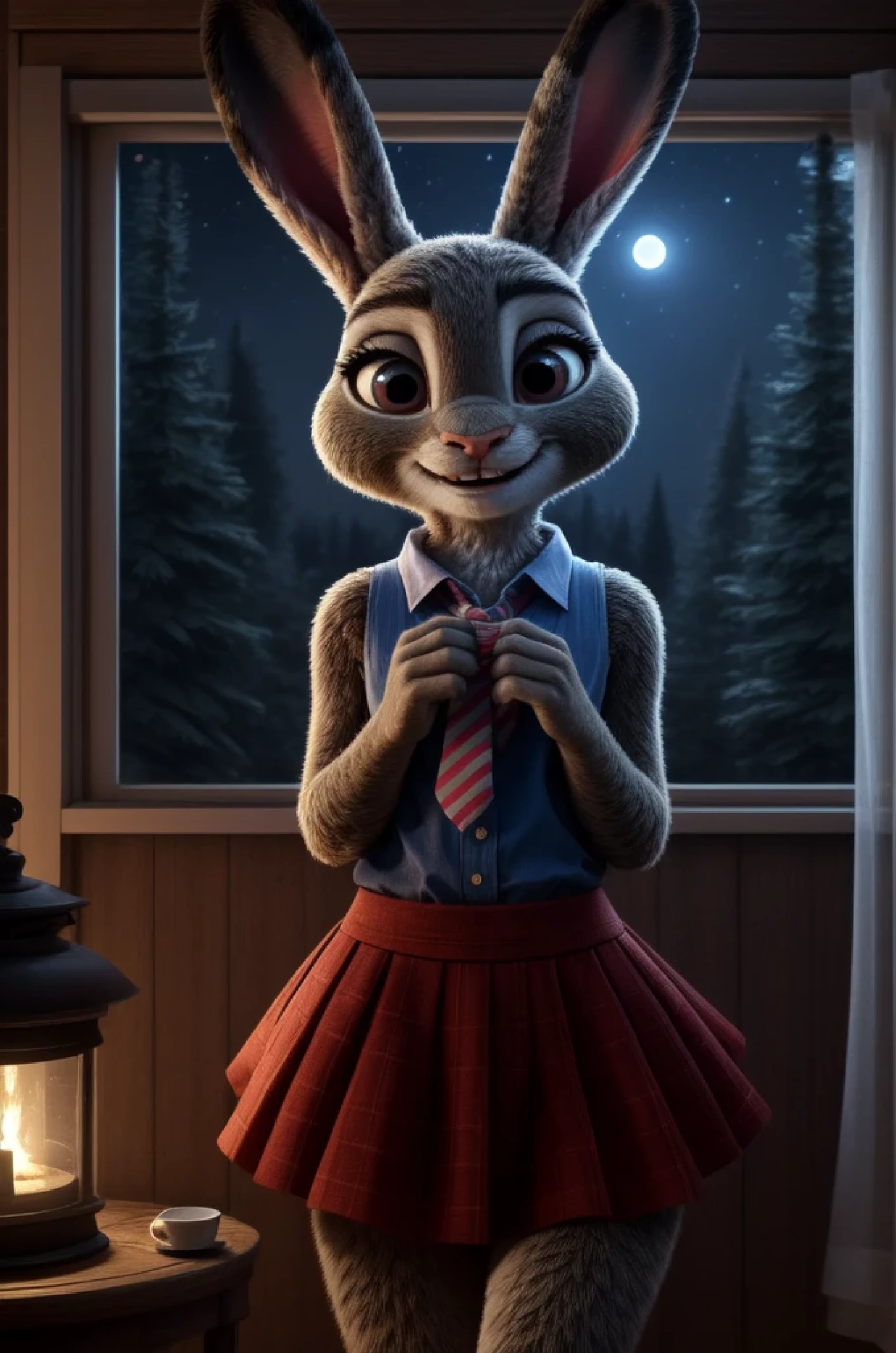 judy hopps, young, POV , human hands, holding panties in hands, at home, tv on the background, watching tv, , night, forest behind window, skirt , seductive, smile