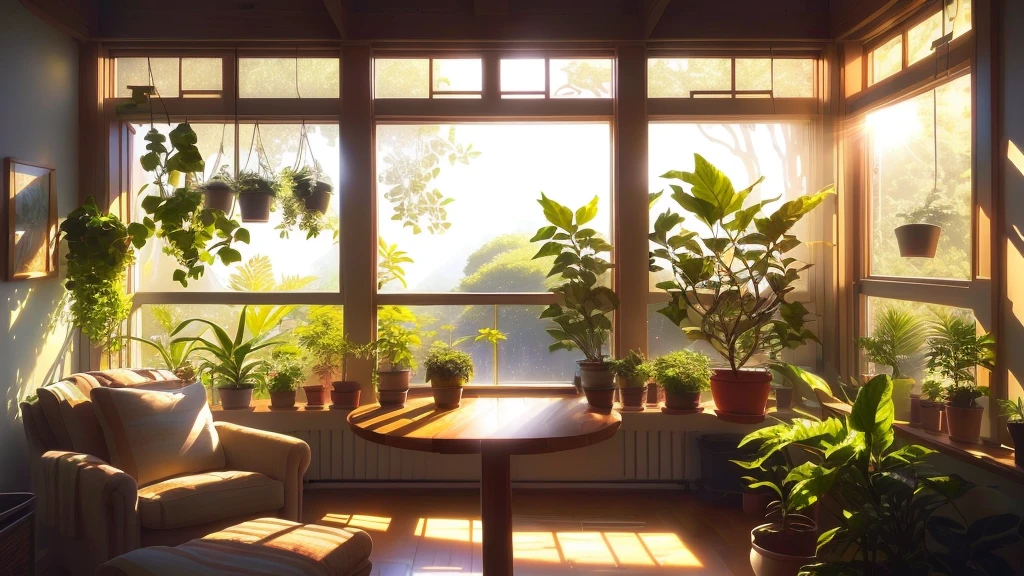 Sunlight shining through the window into a sunny room full of plants, sunny bay window, light breeze。