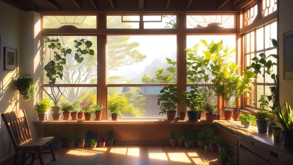 Sunlight shining through the window into a sunny room full of plants, sunny bay window, light breeze。