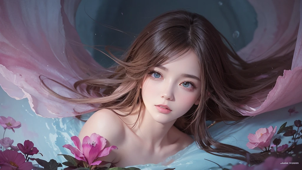 32k, Masterpiece, Highest quality, One girl, Detailed eyes, flower,Sandersonia, Pink and brown style,A dreamy, romantic piece,Pale pink, Mysterious Leaves,A playful arrangement,Fantasy,High Contrast,Ink strokes,explosion,Exposure, Impression of pink and brown tones,Abstract,((Watercolours by John Berkey and Jeremy Mann )) Brush strokes,Negative Space, Tyndall effect,