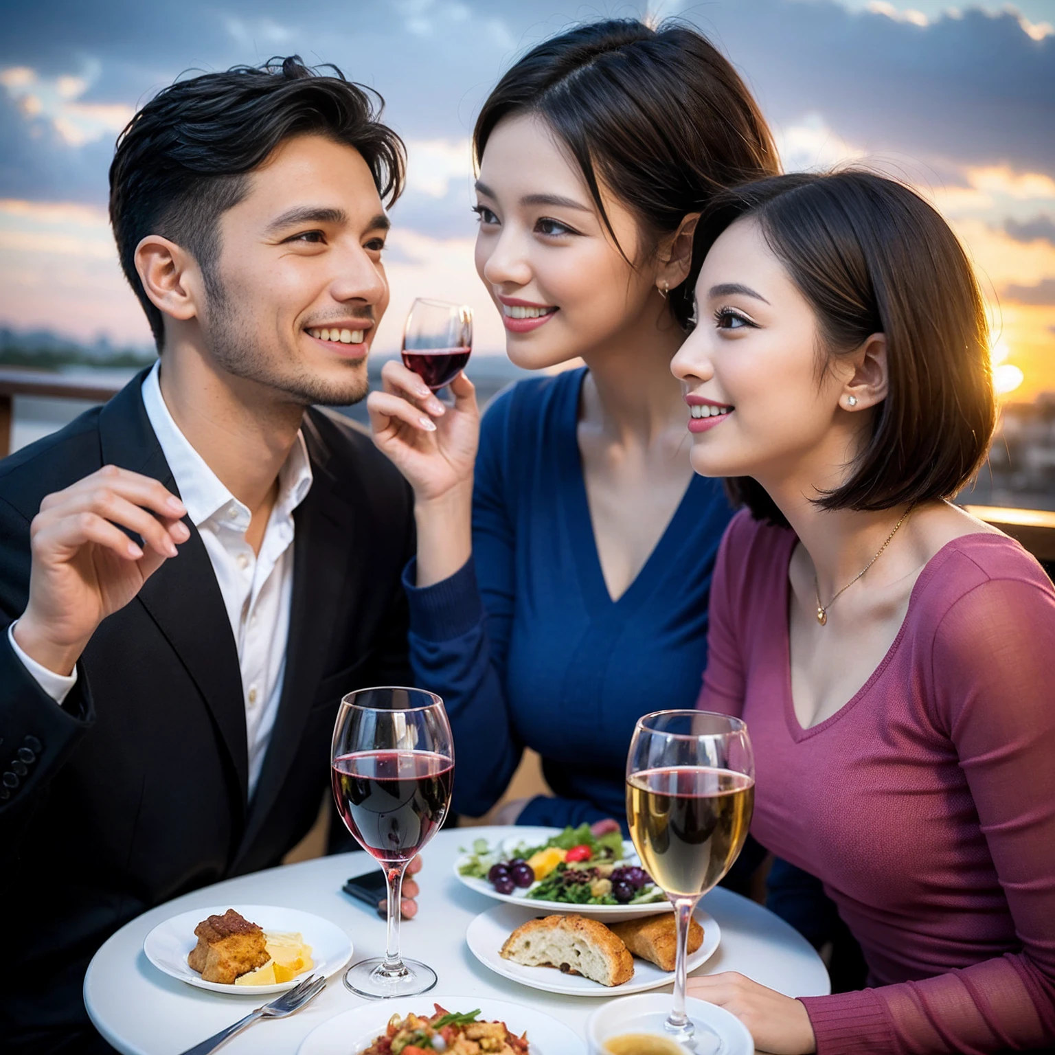 ((Highest quality、8k、masterpiece:1.3))、 (Genuineistic, Genuine、Bright image、Intricate details:1.2), 最高のsmile、1 male 1 female、Beautiful couple、spouse、fiancee、Good friends、actress couple、smile、A full-course dinner with a full table、 (Slim face), (the body is slim), (Brown Hair), (short hair), テーブルのwine glass、Please shine a light on my face、 Amazing view of the sunset sky and clouds、 (42 years old)38 years old, red wine 、Wine bottle、sparkling wine、Long sleeve shirt、Blue Dress、White wine, red wine, wine glass,