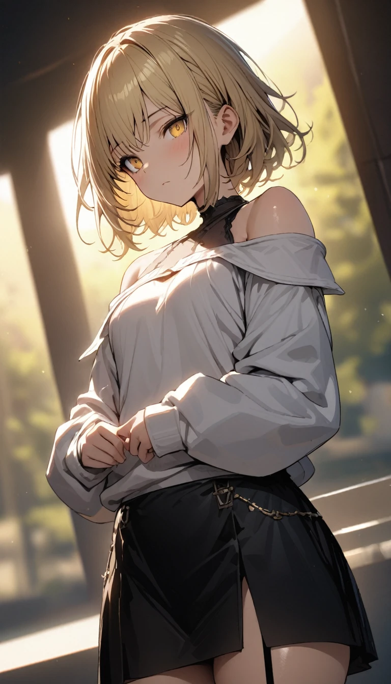 a handsome girl, solo, blond hair, yellow eyes, bright eyes, bangs, BREAK (white off-shoulder hoodie, black skirt:1.5), black garter belt, expressionless, blurry background, perfect lighting, perfect angle, masterpiece, best quality, extremely detailed face, extremely detailed,