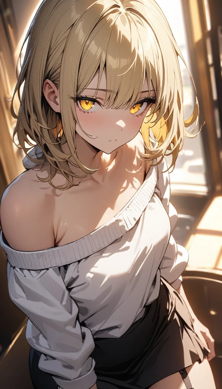 a handsome girl, solo, blond hair, yellow eyes, bright eyes, bangs, BREAK (white off-shoulder hoodie, black skirt:1.5), black garter belt, expressionless, blurry background, perfect lighting, perfect angle, masterpiece, best quality, extremely detailed face, extremely detailed,