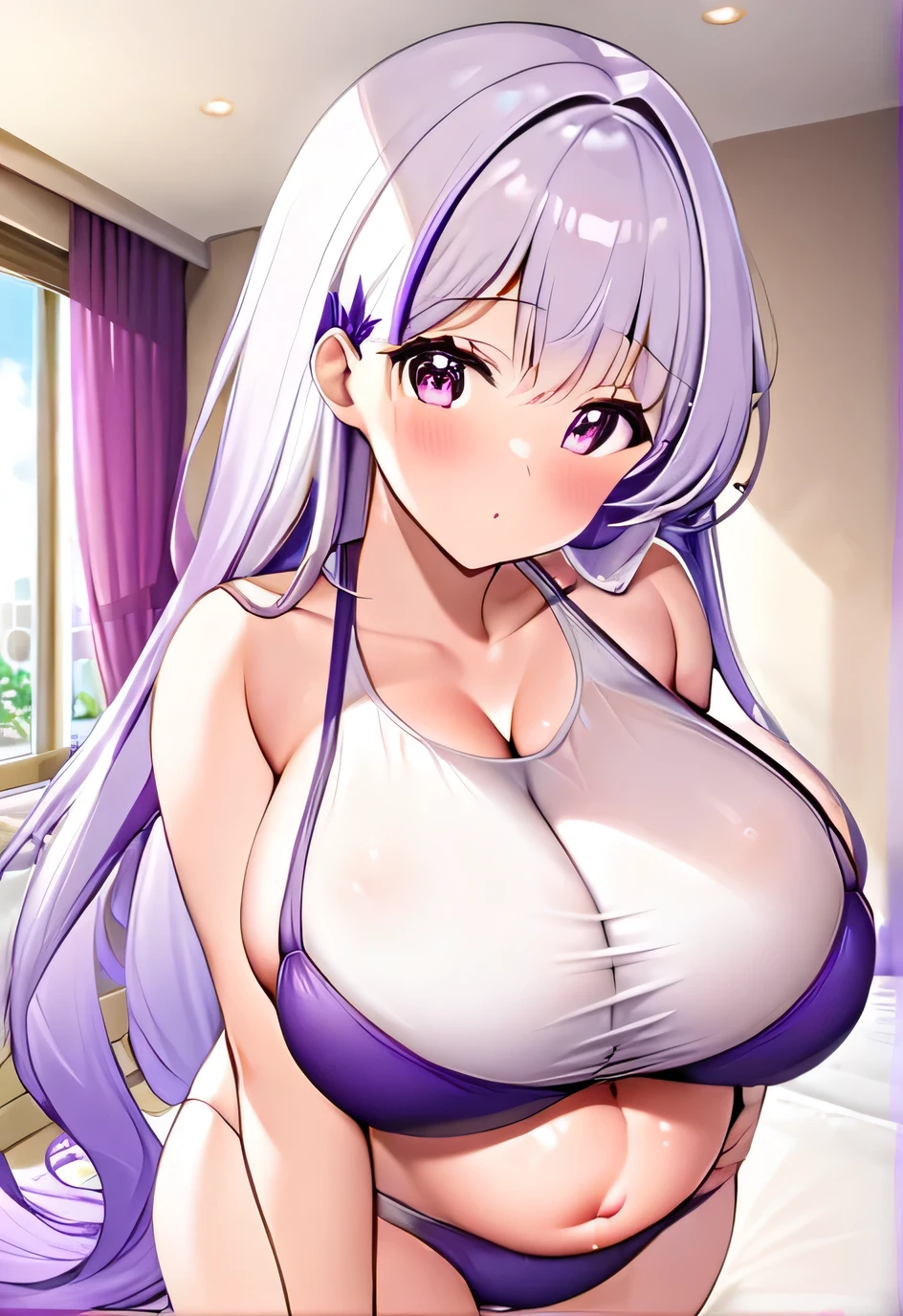 Pregnant women,Pregnant belly,Multiple births,Swimwear,Big Breasts,Large bust,Purple and white hair,Hair Gradient,Long Hair