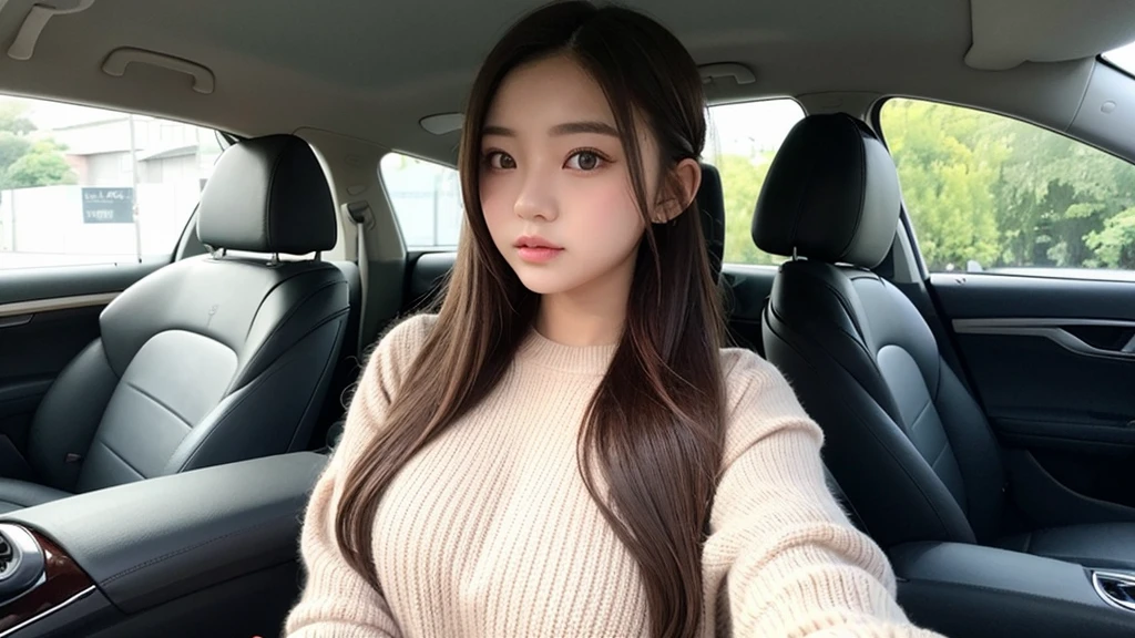 Indonesian girl 19-year-old Hairstyle Casual, F Cup Breasts wearing crewneck dress in car amd driving the car with her friend