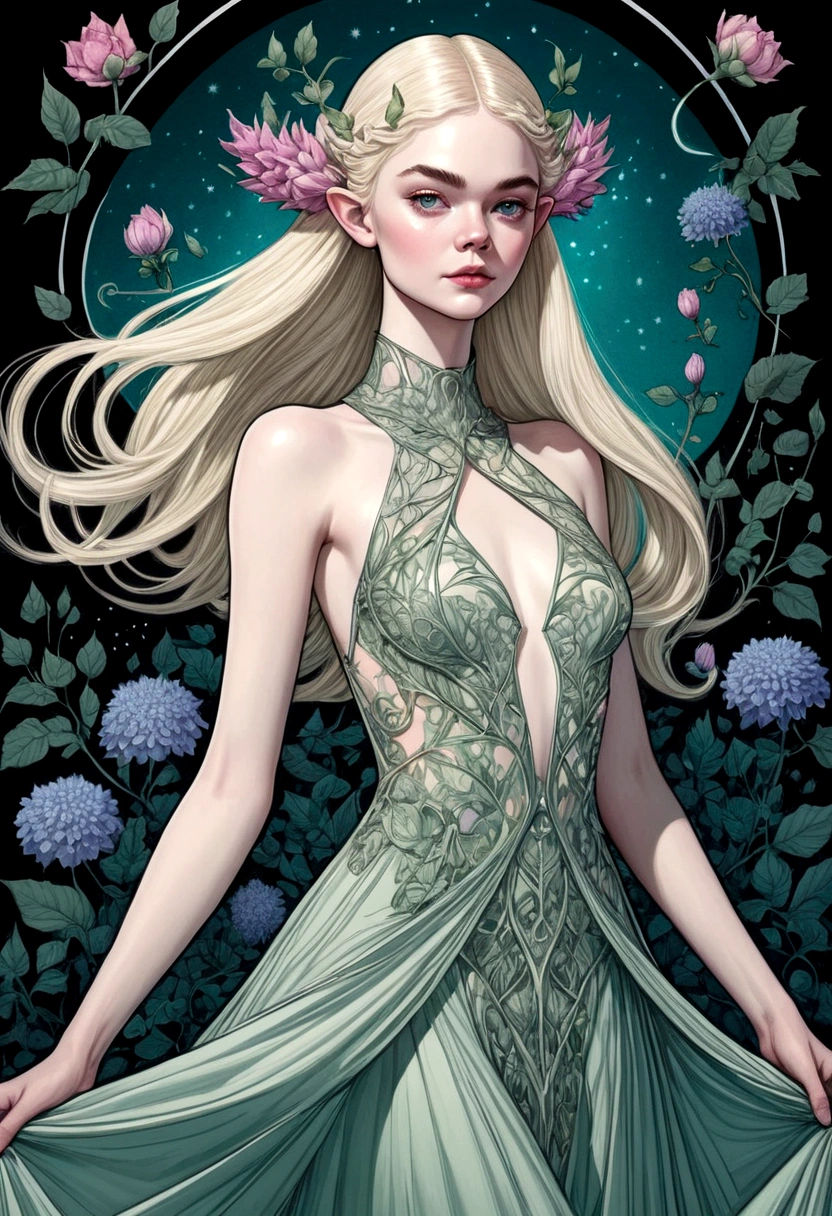 A gorgeous and beautiful elf queen, evening dress, Fractal Magic, Illustrations in the style of Travis Charest, Ink Line Drawing, poster, Elle Fanning (Elle Fanning) model, CG Society, Fantasy Art, detailed illustration, mystery, Botanical masterpiece, detailed, Surrealism, Elements of Symbolism and Surrealism, Complex design, Intertwined, Flowers, Pastel.