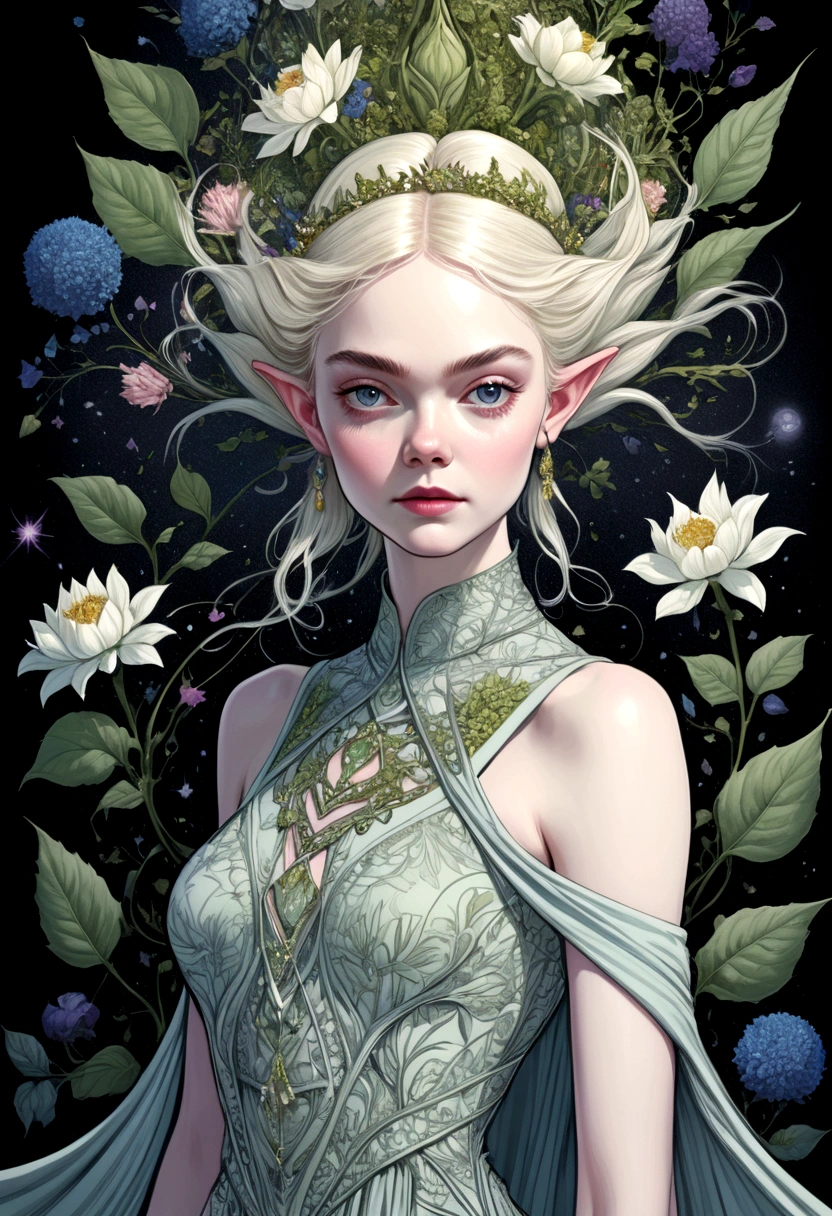 A gorgeous and beautiful elf queen, evening dress, Fractal Magic, Illustrations in the style of Travis Charest, Ink Line Drawing, poster, Elle Fanning (Elle Fanning) model, CG Society, Fantasy Art, detailed illustration, mystery, Botanical masterpiece, detailed, Surrealism, Elements of Symbolism and Surrealism, Complex design, Intertwined, Flowers, Pastel.
