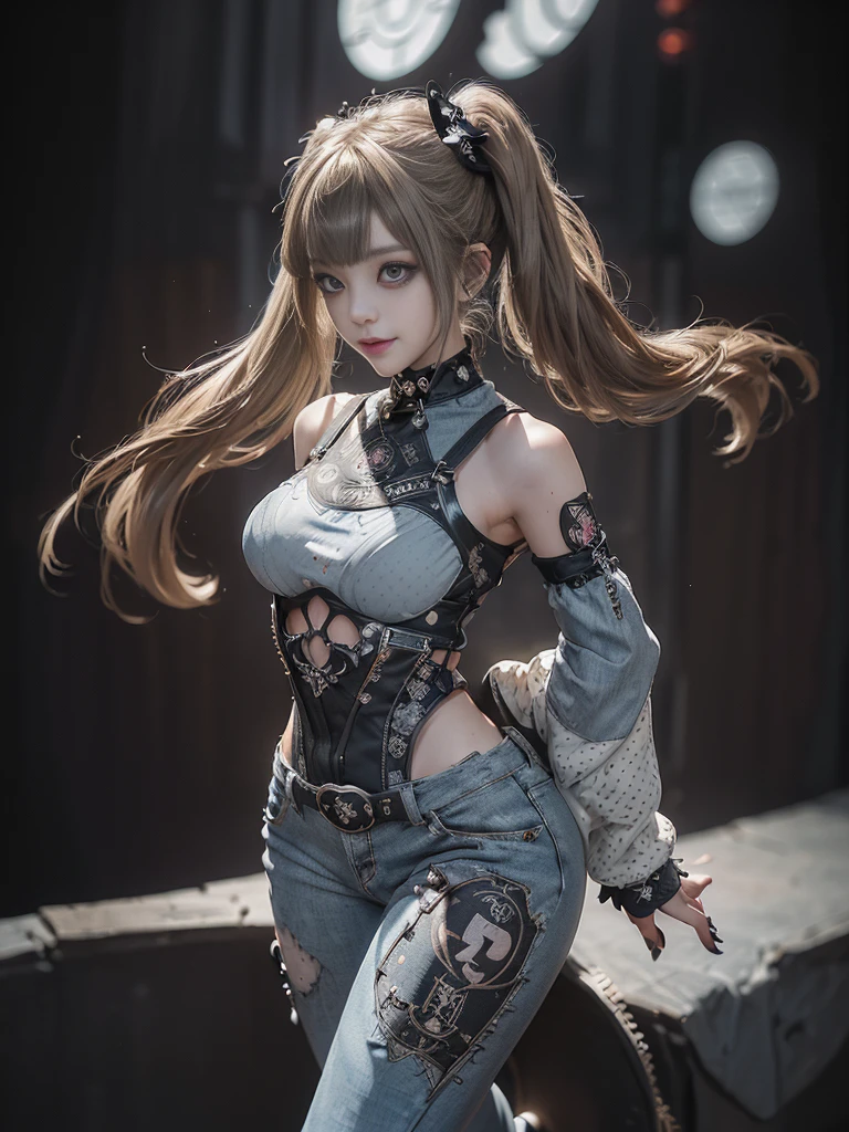 (Full Body View:1.4)、(Full body:1.3)、(Smiling with teeth showing:1.3),(Shibuya Gal:1.5)、(Gothic Lolita style fashion:1.5)、(Punk RockVisual Kei:1.5)、(Wearing a rhythmic gymnastics bodysuit with intricate details:1.4)、(Racing suit and pants with intricate decorations in white, denim and charcoal:1.5)、(Denim and light blue and white boots:1.3)、((belt))、(Numerous delicate logo marks all over the costume:1.4)、(collar:1.3)、(Polka dot underwear:1.5)、20-year-old、NSFW、((Highest quality、In 8K、masterpiece:1.3))、Sharp focus:1.2、(Layered Cut、Huge boobs:1.1),Beautiful woman with perfect figure:1.4、(do a gravure pose:1.3)、Slender Abs:1.2、Highly detailed face and skin texture、Detailed eyes、double eyelid,(Twin tails:1.3)、(Brown-golden hair:1.3)、Gravure idol、(The background is the stage of the fashion show:1.3)、(Slim body:1.3),(Make your legs thinner:1.4),(clavicle:1.1)