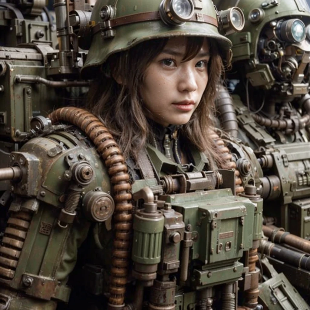 superrealism, ultra high res,8k,(Photorealsitic:1.4), (WWⅡ-like mechanical suit), Collapsed Cities, heavy weapons,vivid textures, beautiful hair, japanese female soldier,17 years old, (cute idle face),legs, ((super realistic all textures)), ((super intricate all details)), full body shot, ultra sharp photo result, beige color, scratch, Rust, weathering, Sweat, move, operational action in progress, steampunk, taken with Fuji film X-T30+Nokton. HDR10,Minimum of 4 pieces created