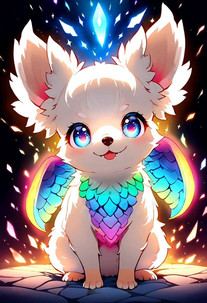 Chihuahua puppy, cute, fluffy, Adorable, Happy., Broken glass effect, No background, amazing, Something that doesn't exist, Mythical Beings, energy, Molecular, texture, Rainbow glowing scales, Breathtaking beauty, Pure perfection, The existence of God, Unforgettable, impressive, Breathtaking beauty, Volumetric Light, aura, light, Vivid colors are reflected